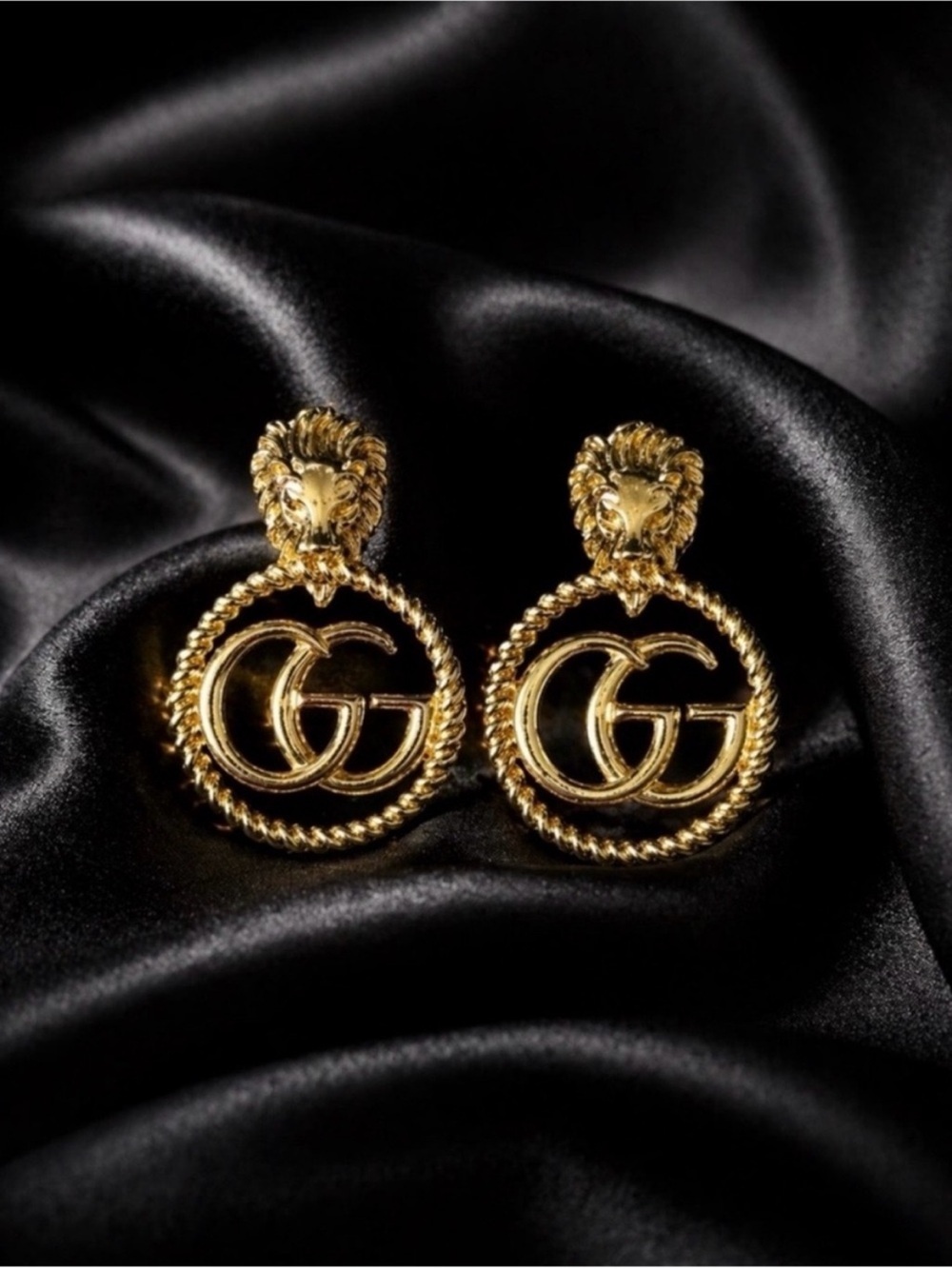 14K Gold Lion Head GG Drop Earrings